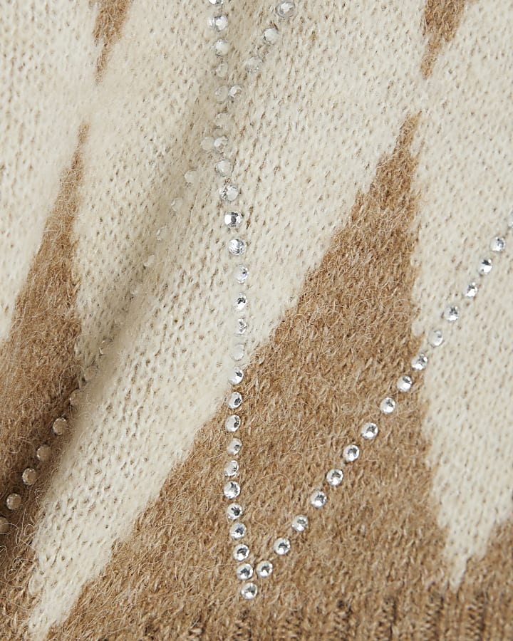 Brown Knitted Diamante Argyle Vest Top