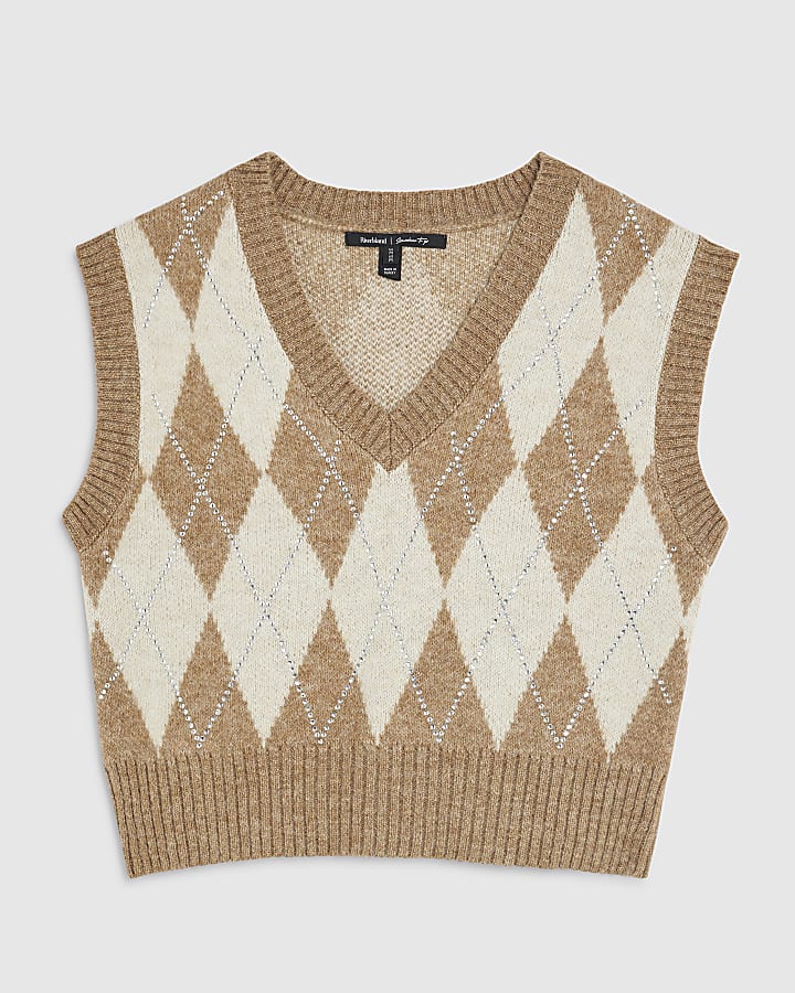Brown Knitted Diamante Argyle Vest Top