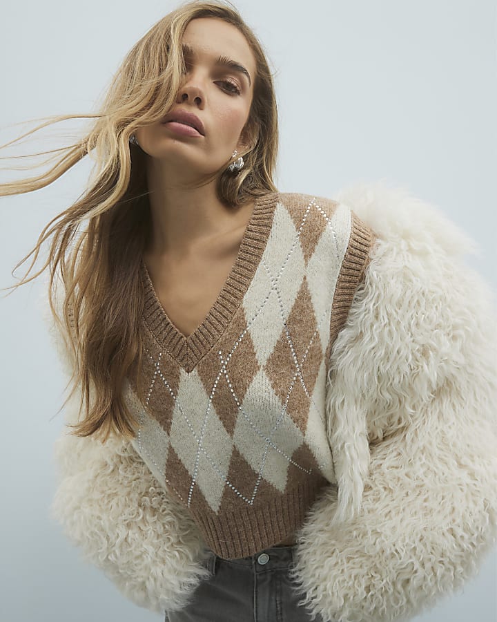 Brown Knitted Diamante Argyle Vest Top