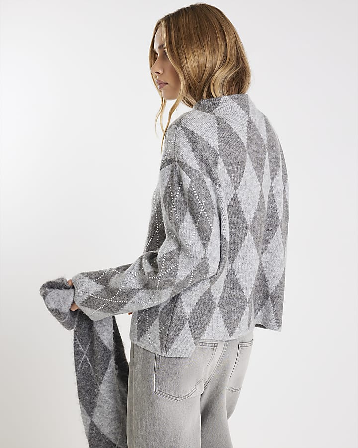 Grey Knitted Argyle Print Diamante Jumper