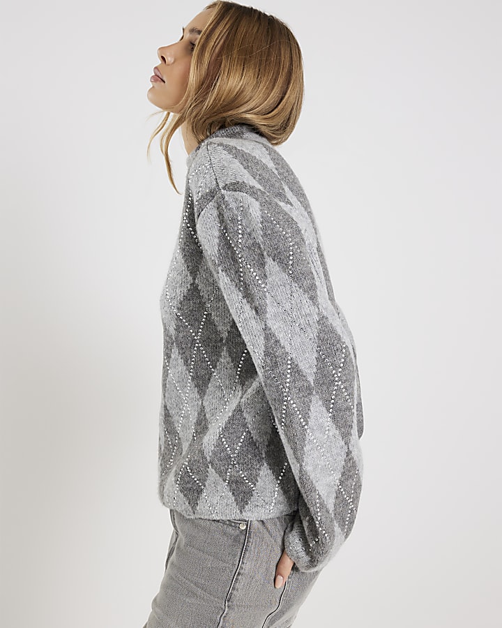 Grey Knitted Argyle Print Diamante Jumper