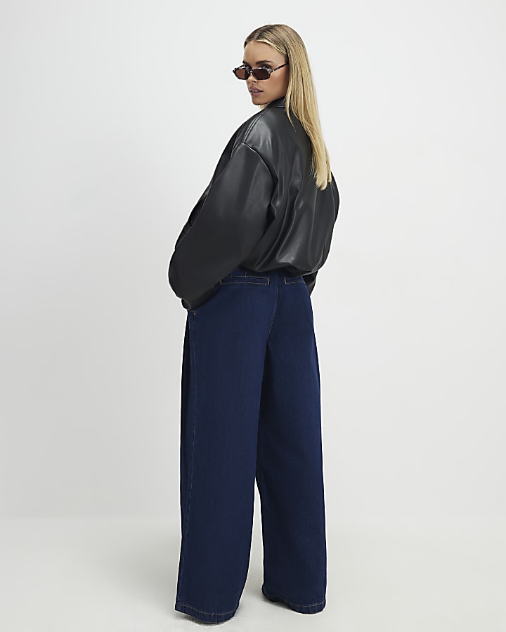 Petite Blue Belted Pleated Wide Leg Jeans