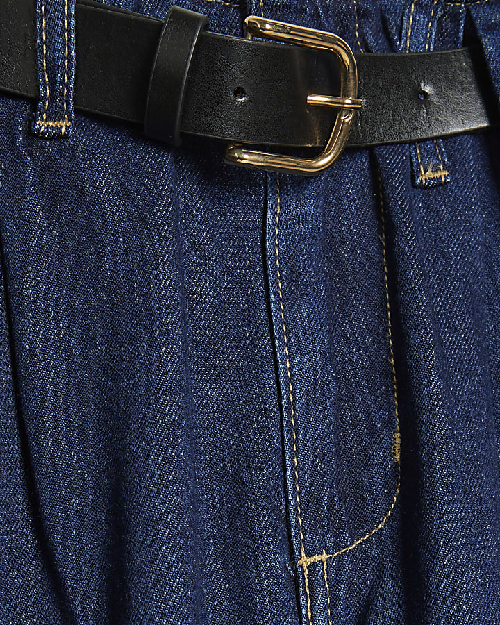 Petite Blue Belted Pleated Wide Leg Jeans