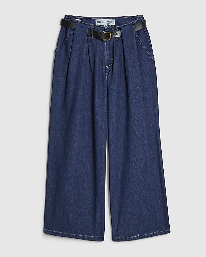 Petite Blue Belted Pleated Wide Leg Jeans