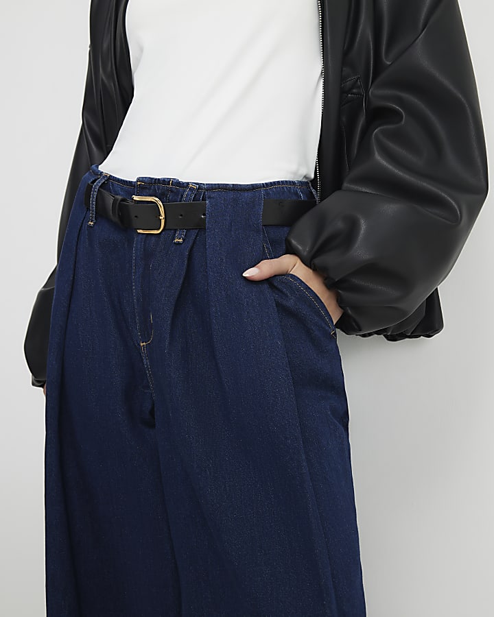 Petite Blue Belted Pleated Wide Leg Jeans