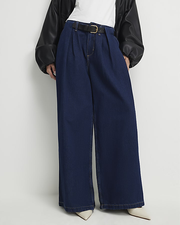 Petite Blue Belted Pleated Wide Leg Jeans
