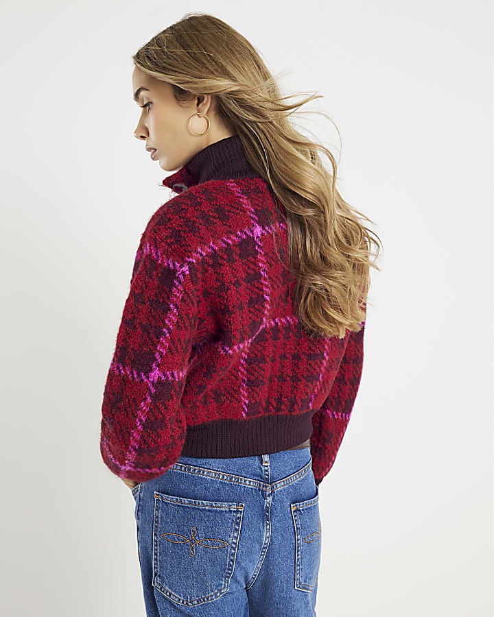 Red Knitted Check Bomber Jacket