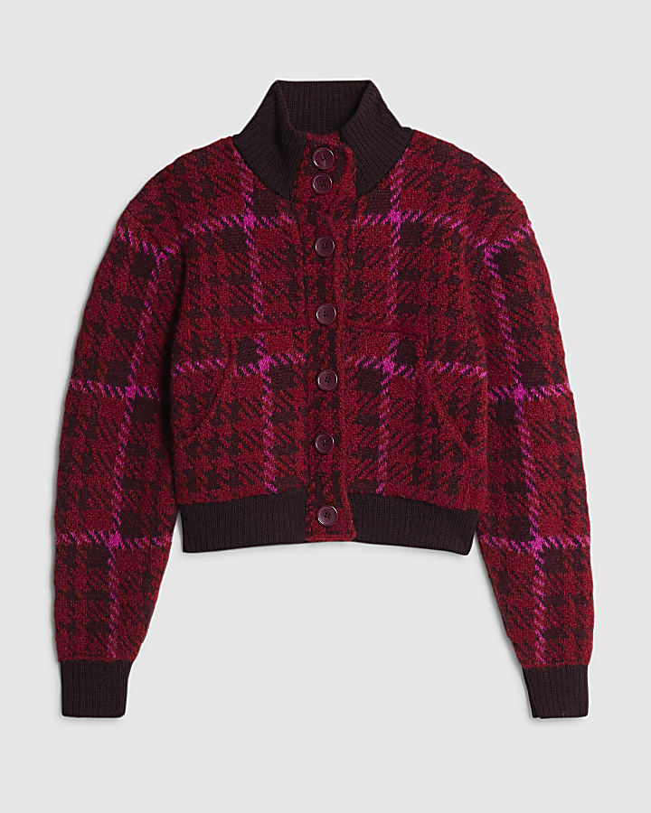 Red Knitted Check Bomber Jacket
