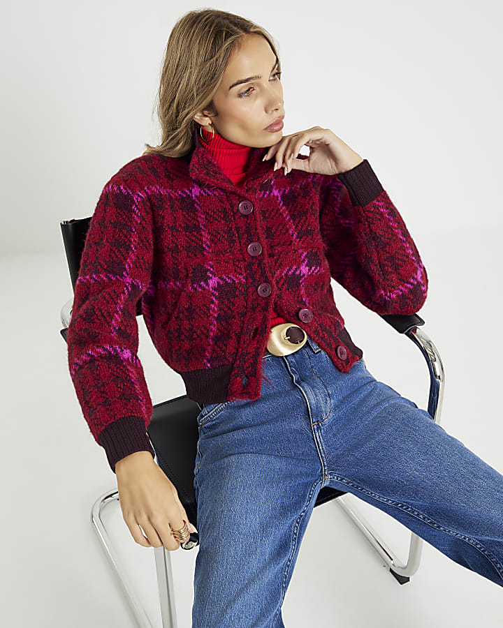 Red Knitted Check Bomber Jacket
