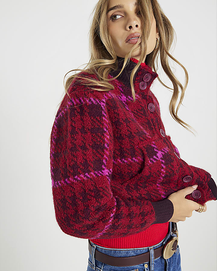 Red Knitted Check Bomber Jacket