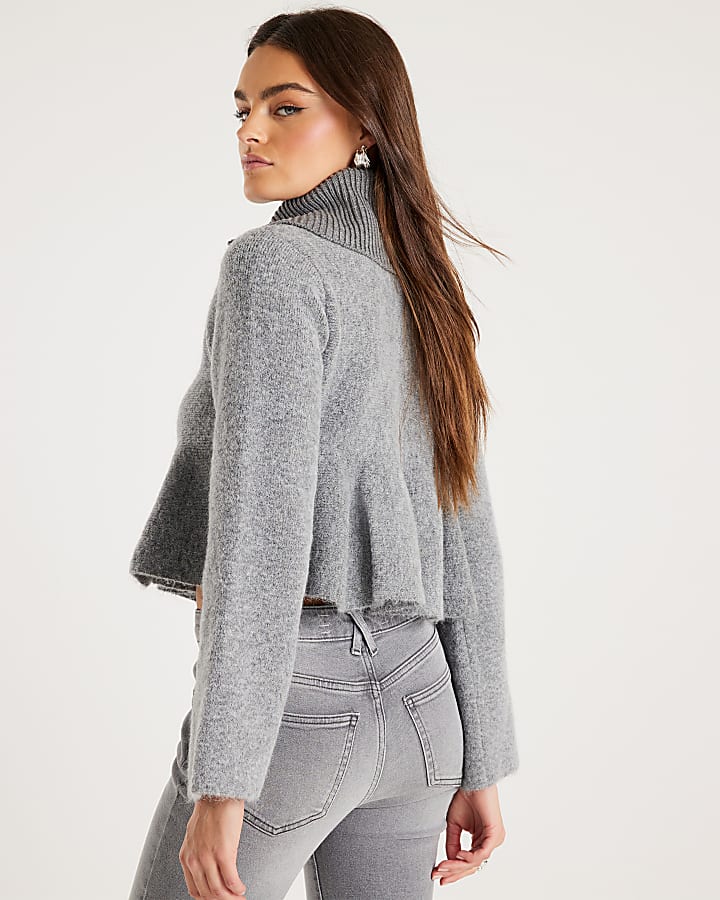 Grey Knit Collared Peplum Jumper