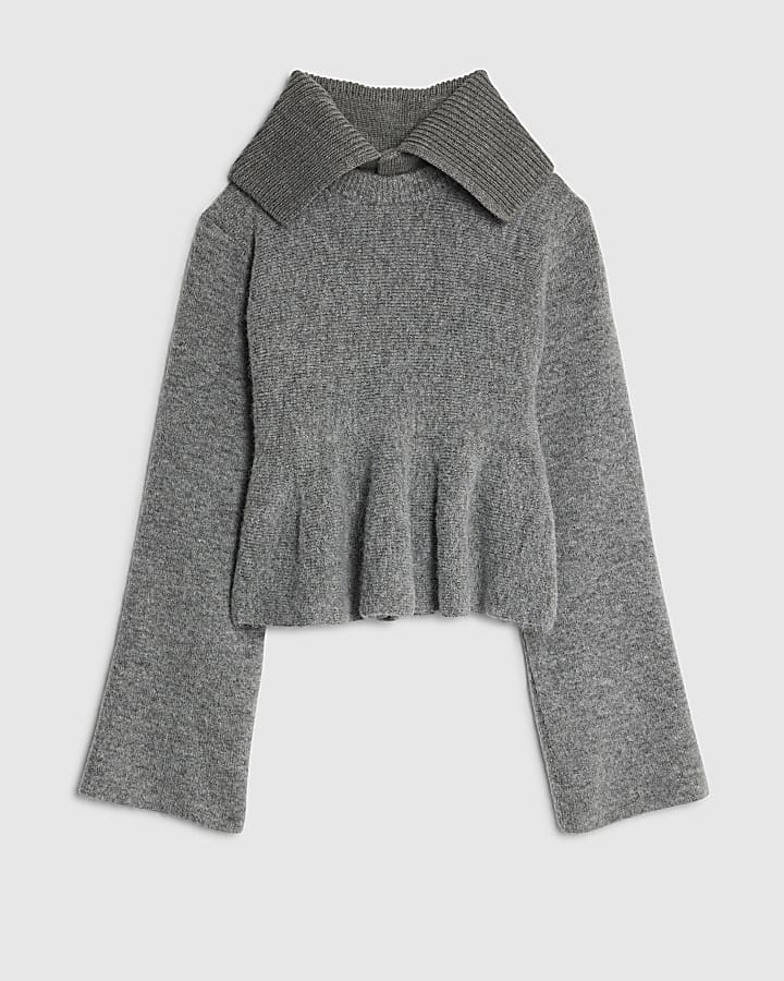 Grey Knit Collared Peplum Jumper