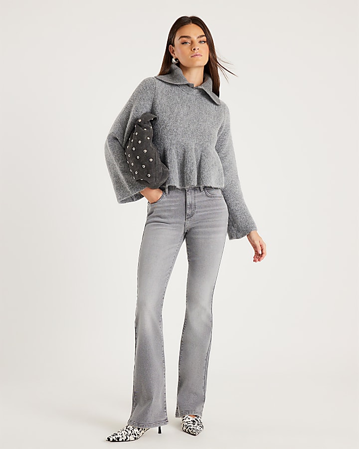 Grey Knit Collared Peplum Jumper