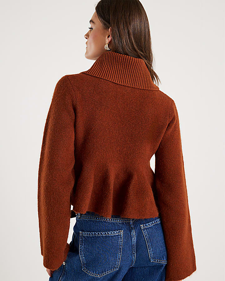 Orange Knit Collared Peplum Jumper