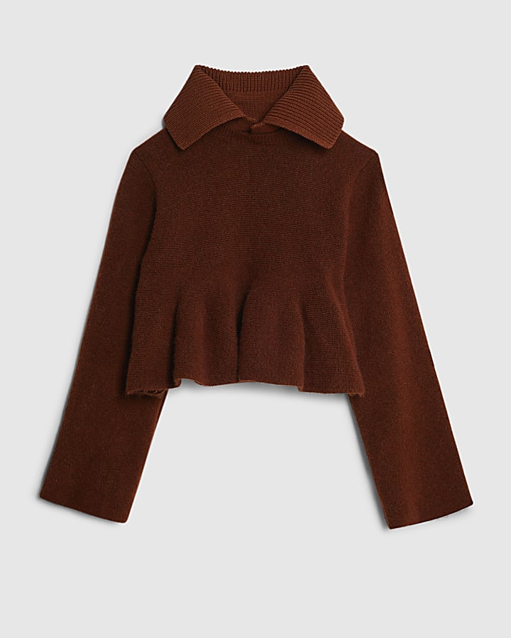 Orange Knit Collared Peplum Jumper