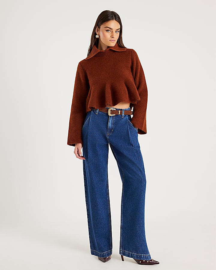 Orange Knit Collared Peplum Jumper