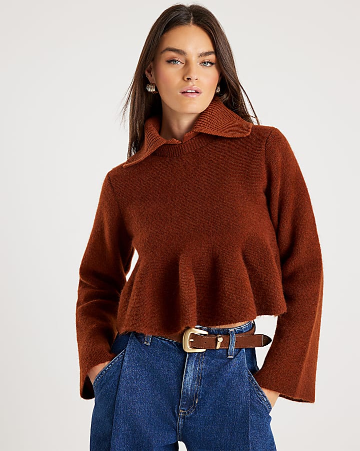 Orange Knit Collared Peplum Jumper