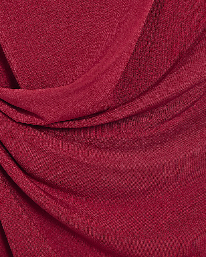 Red Sleeveless Gold Detail Ruched Midi Dress