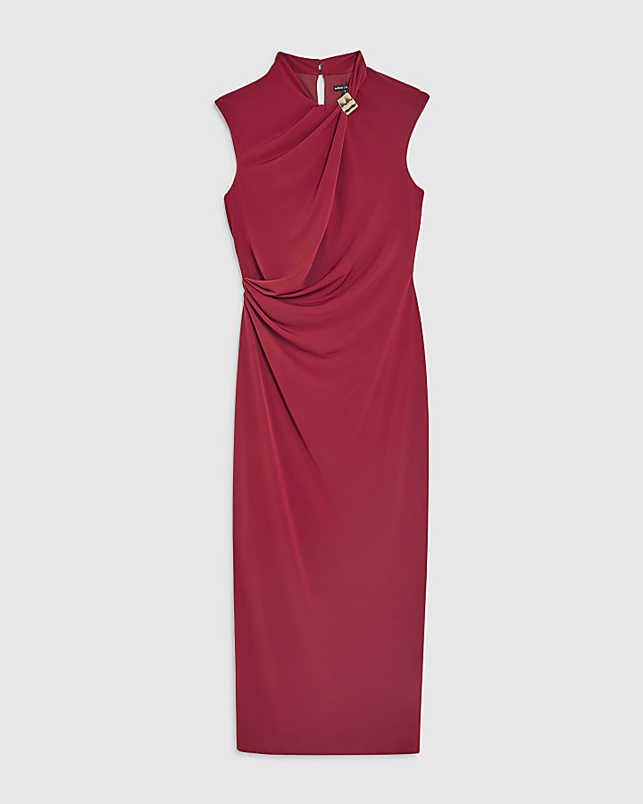 Red Sleeveless Gold Detail Ruched Midi Dress