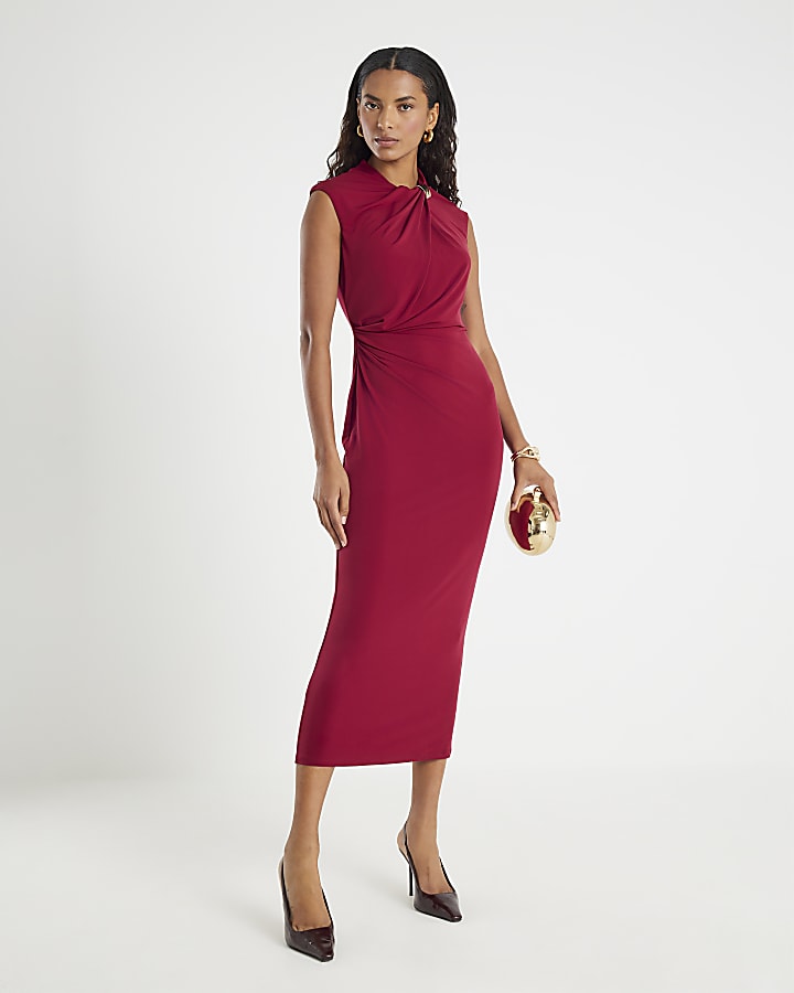 Red Sleeveless Gold Detail Ruched Midi Dress