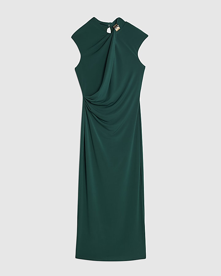 Green Sleeveless Gold Detail Ruched Dress