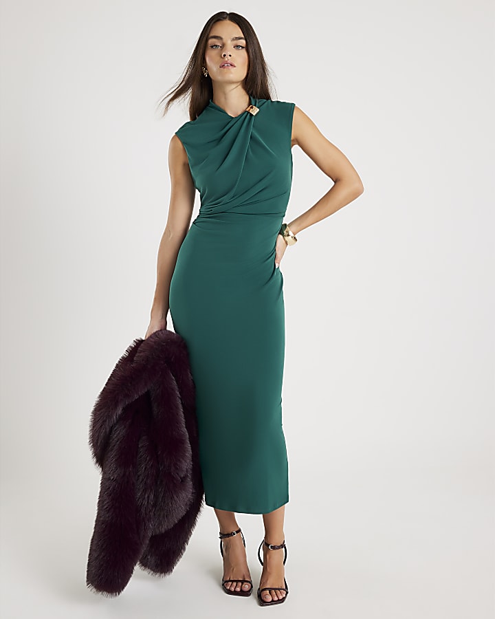 Green Sleeveless Gold Detail Ruched Dress