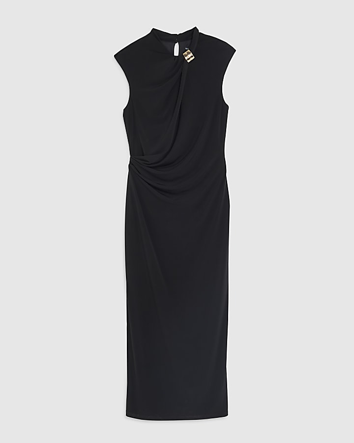 Black Sleeveless Gold Detail Ruched Dress