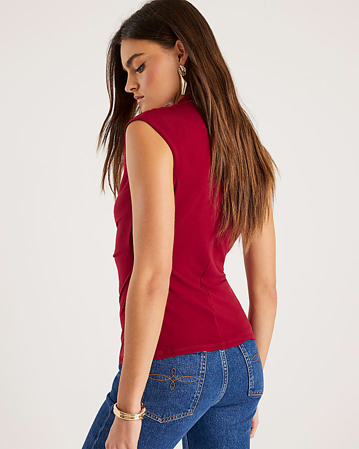 Red Sleeveless Ruched Gold Detail Top