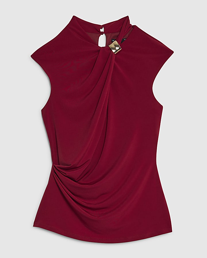 Red Sleeveless Ruched Gold Detail Top