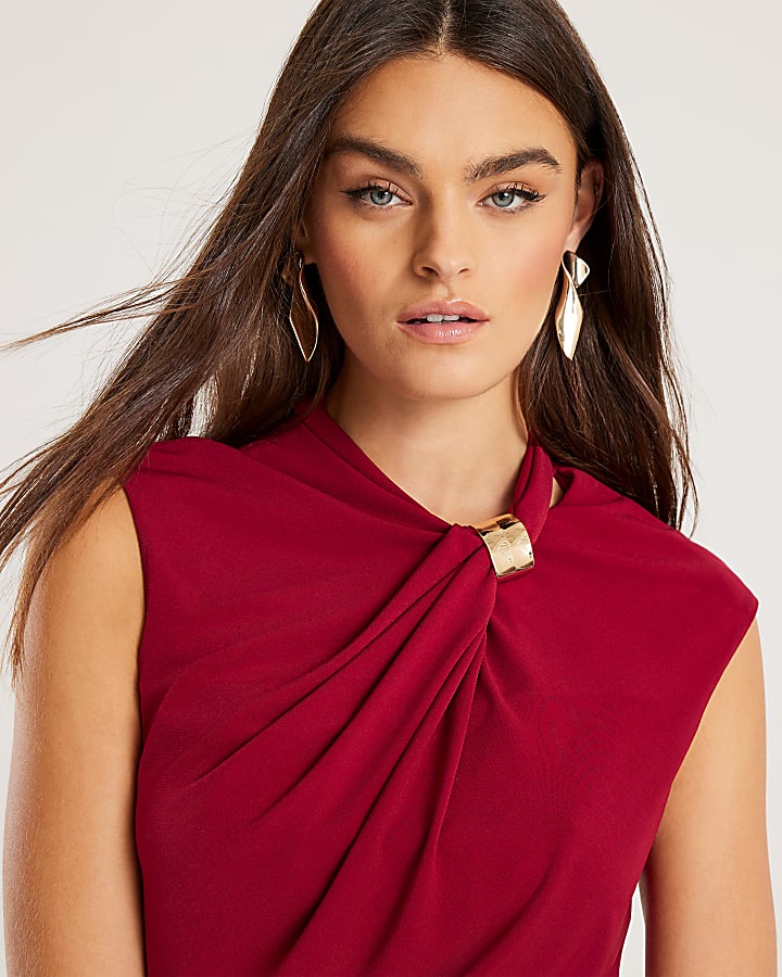Red Sleeveless Ruched Gold Detail Top