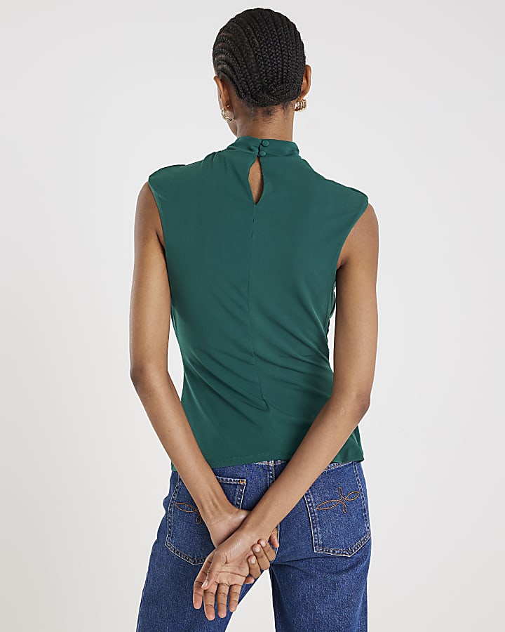 Green Sleeveless Ruched Gold Detail Top