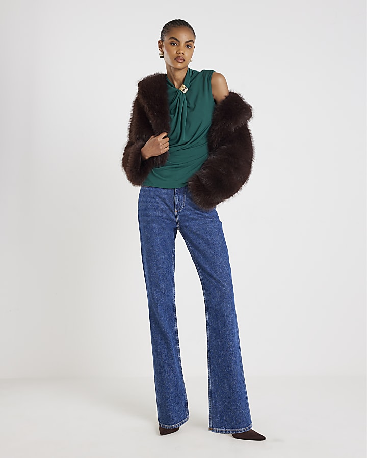 Green Sleeveless Ruched Gold Detail Top