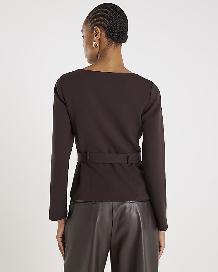 Brown Long Sleeve Belted Mixed Button Blazer