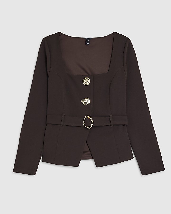 Brown Long Sleeve Belted Mixed Button Blazer