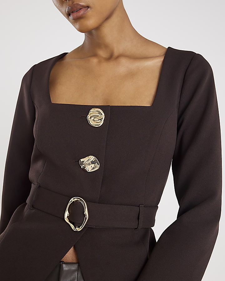 Brown Long Sleeve Belted Mixed Button Blazer