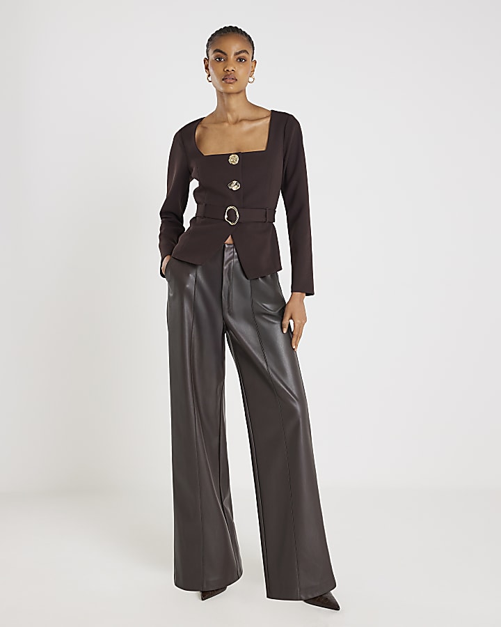 Brown Long Sleeve Belted Mixed Button Blazer