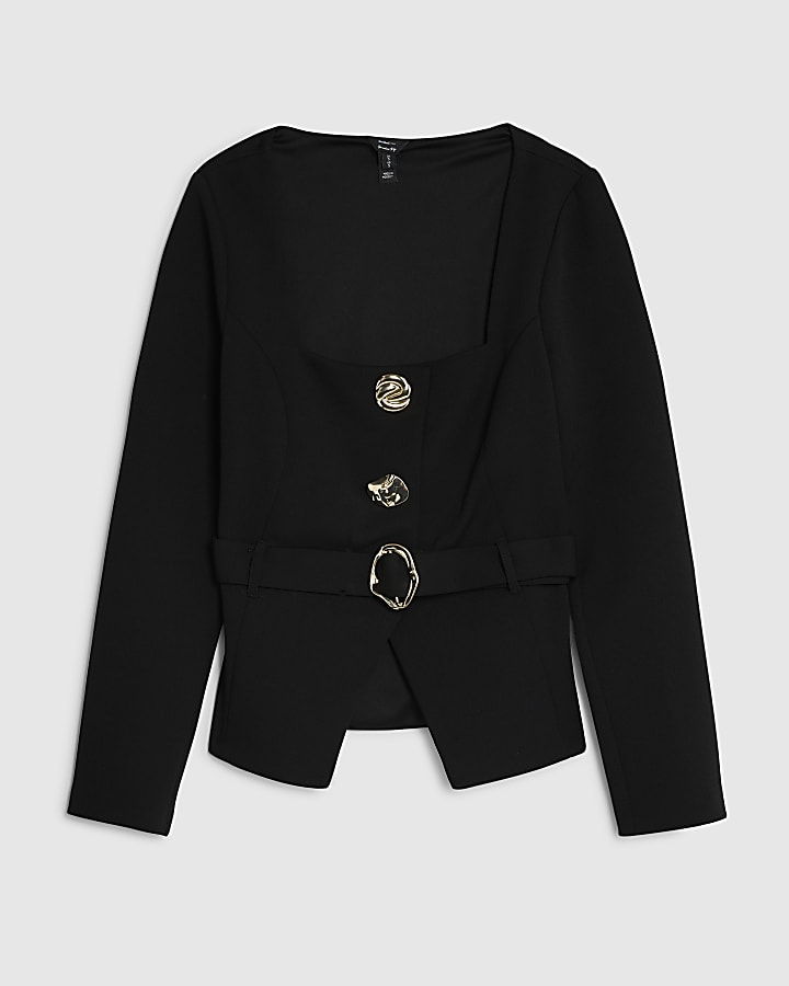 Black Long Sleeve Belted Mixed Button Blazer
