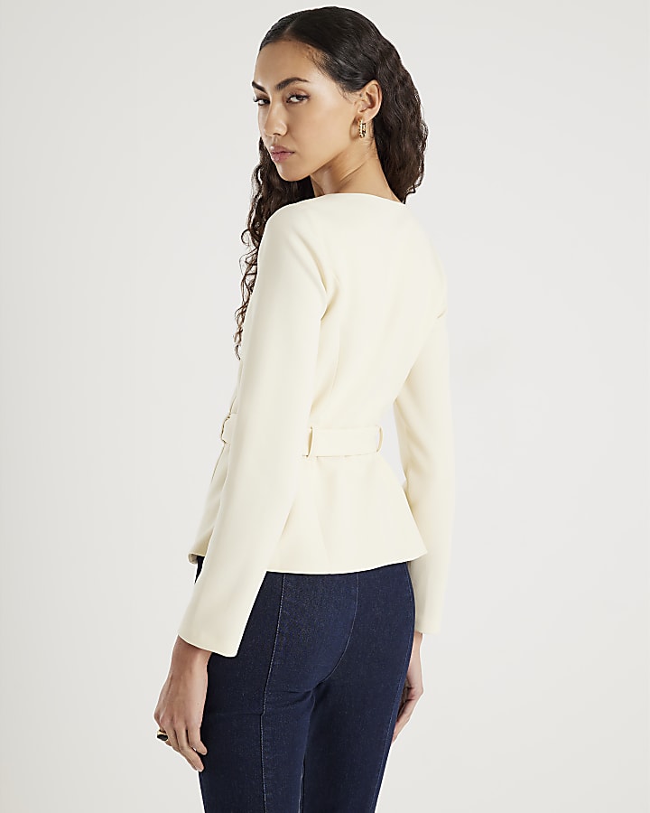 Cream Long Sleeve Belted Mixed Button Blazer