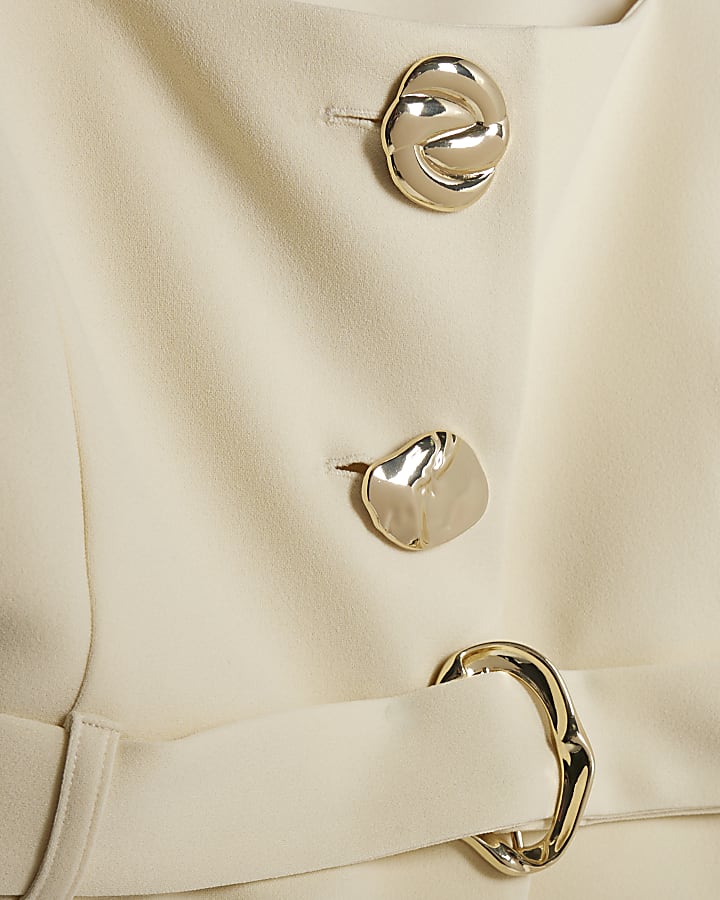 Cream Long Sleeve Belted Mixed Button Blazer
