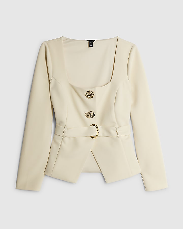 Cream Long Sleeve Belted Mixed Button Blazer
