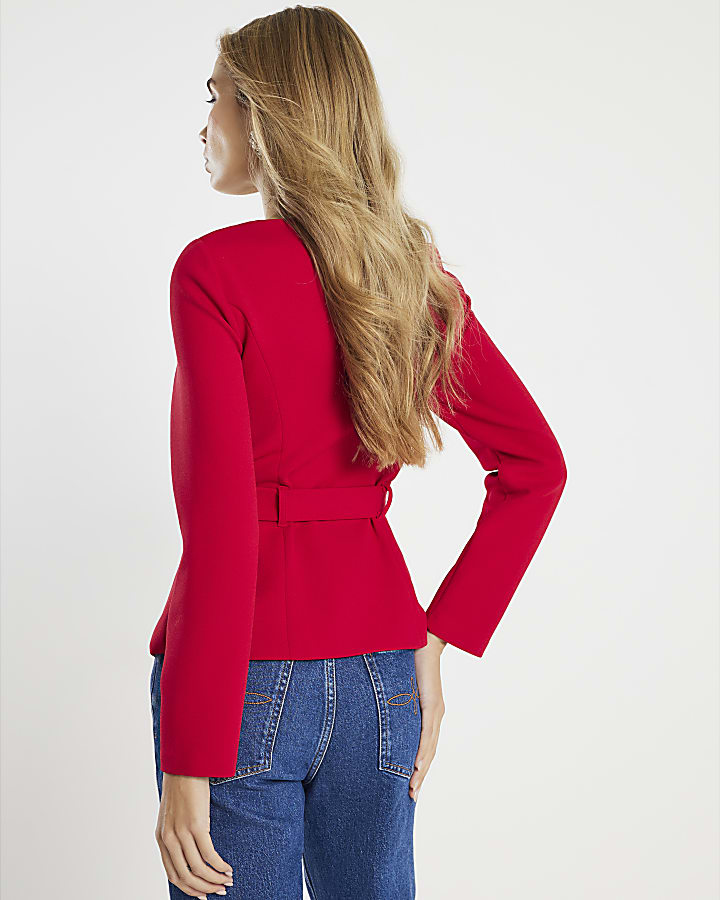 Red Long Sleeve Belted Mixed Button Blazer