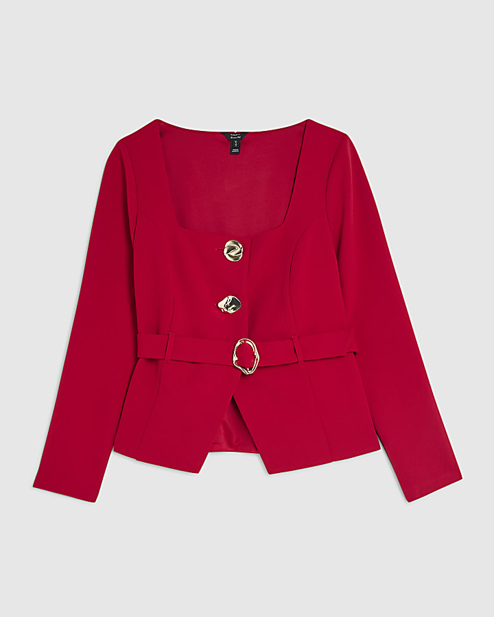 Red Long Sleeve Belted Mixed Button Blazer