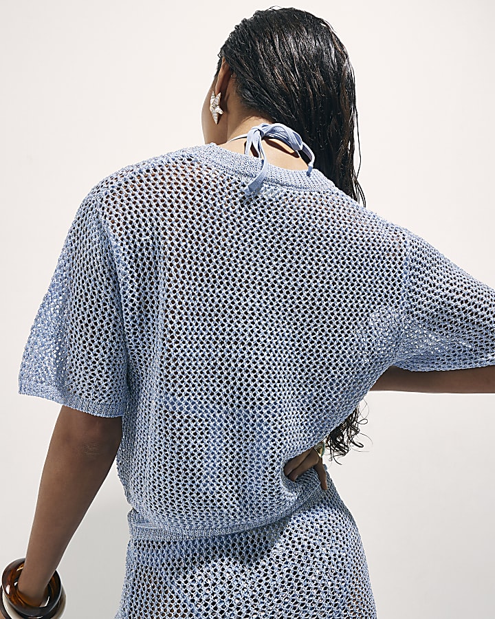 Blue Short Sleeve Knit Beach Top