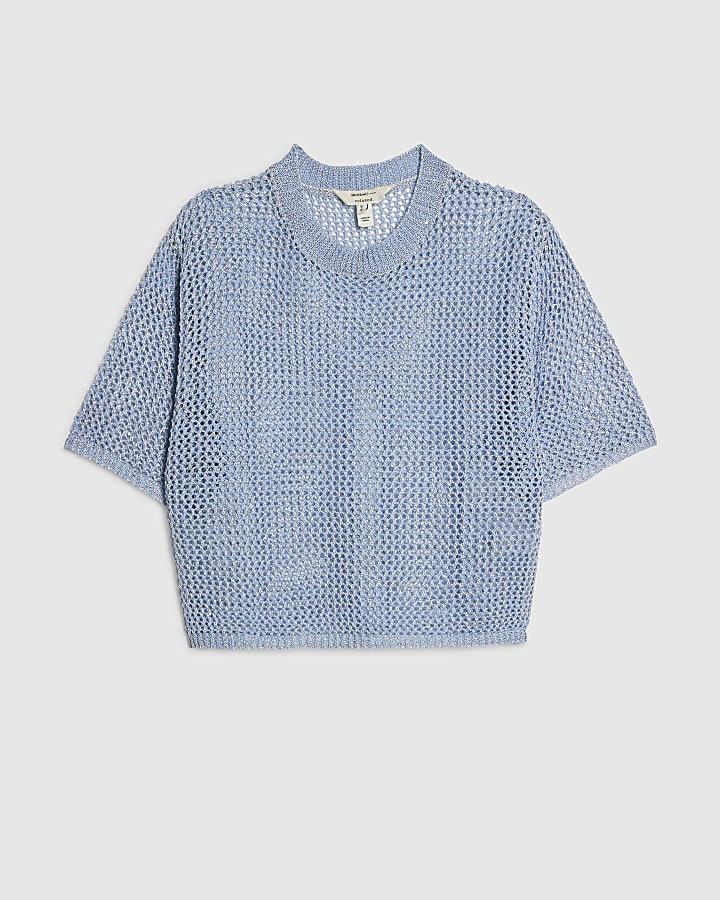 Blue Short Sleeve Knit Beach Top