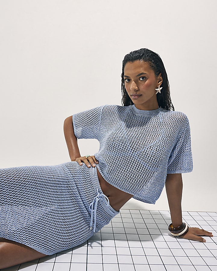 Blue Short Sleeve Knit Beach Top