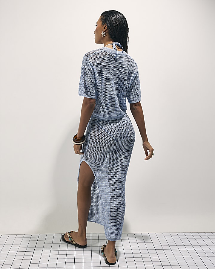 Blue Knit Midi Beach Skirt