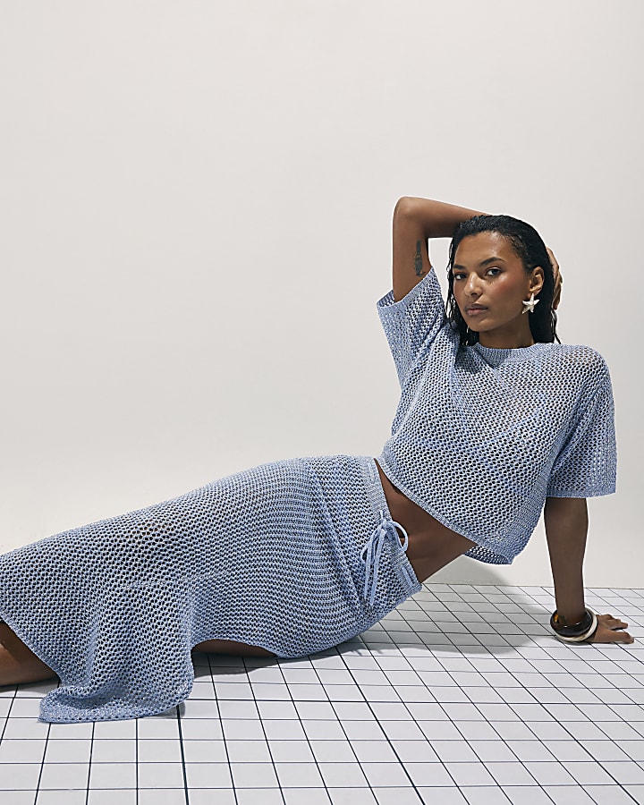 Blue Knit Midi Beach Skirt