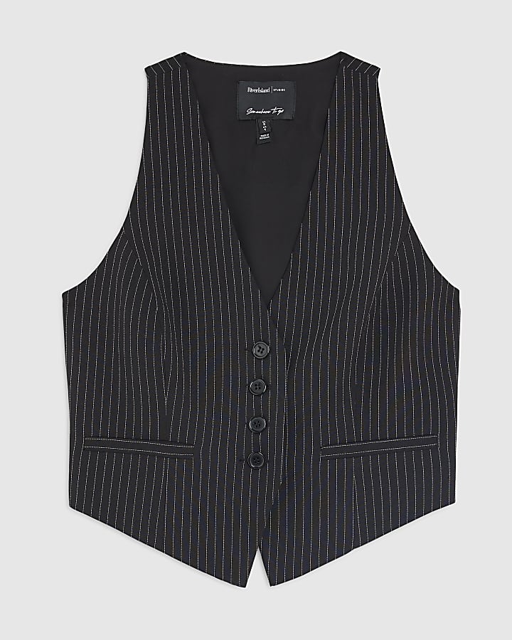 Black Sleeveless Pinstripe Cropped Waistcoat