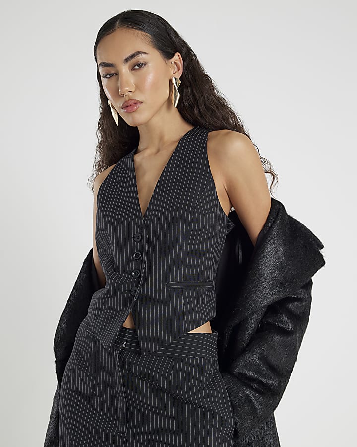 Black Sleeveless Pinstripe Cropped Waistcoat