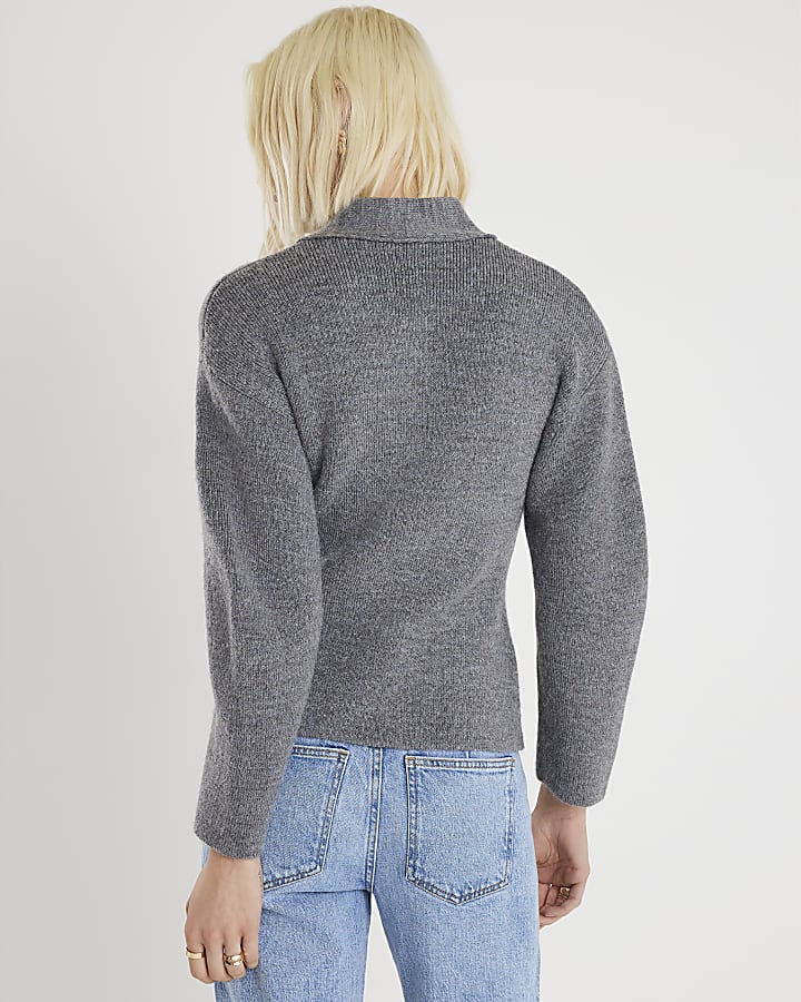 Grey Knitted Tie Neck Cardigan